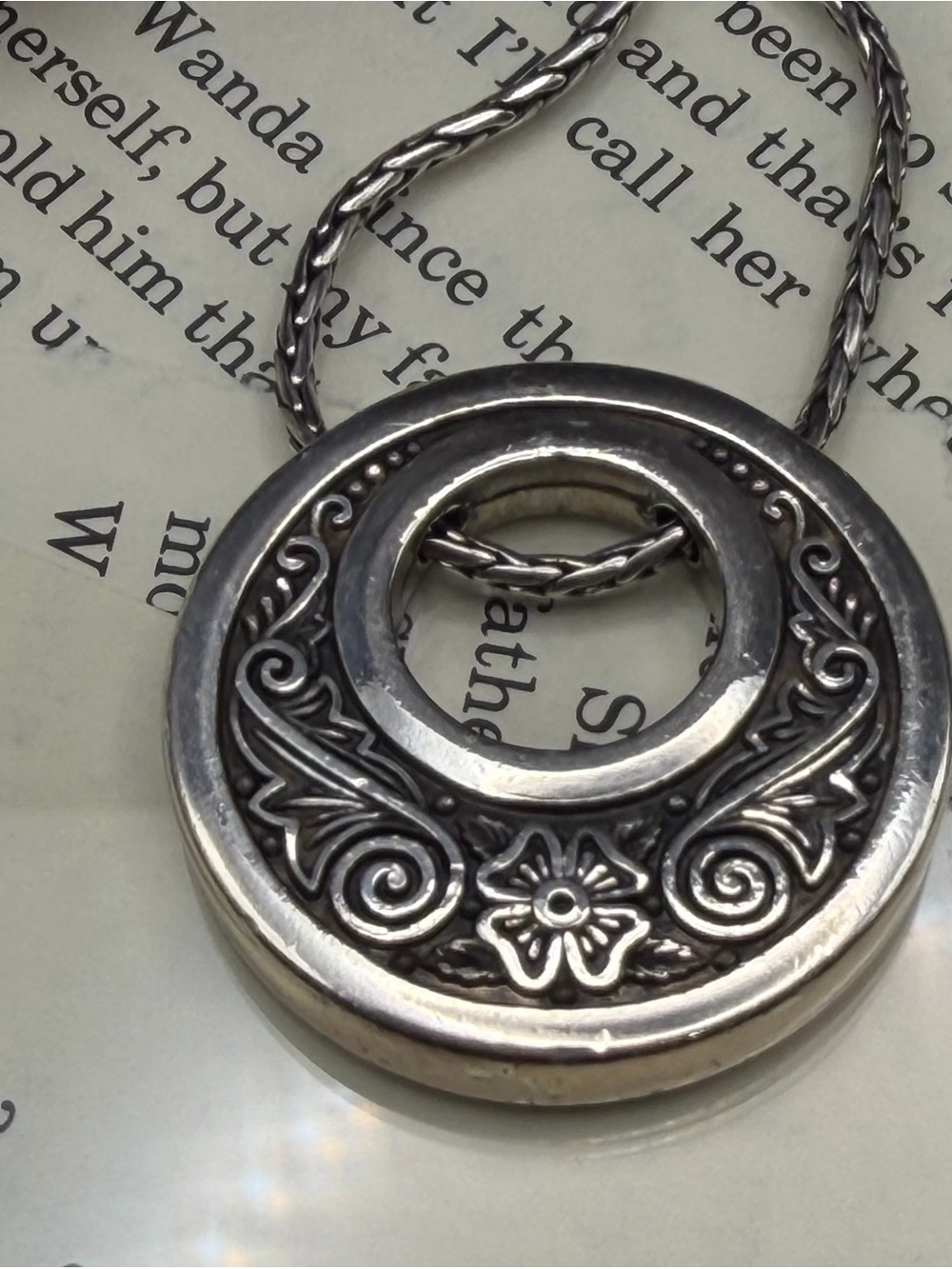 Brighton Hyde Park Ornate Silver-Tone Floral Circle Pendant Necklace- retired